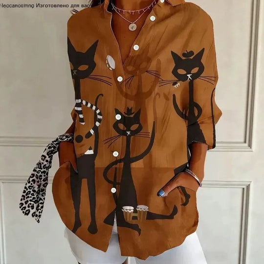 Damen Modische Hemdbluse mit einzigartigem Katzenmotiv Nord Taschen