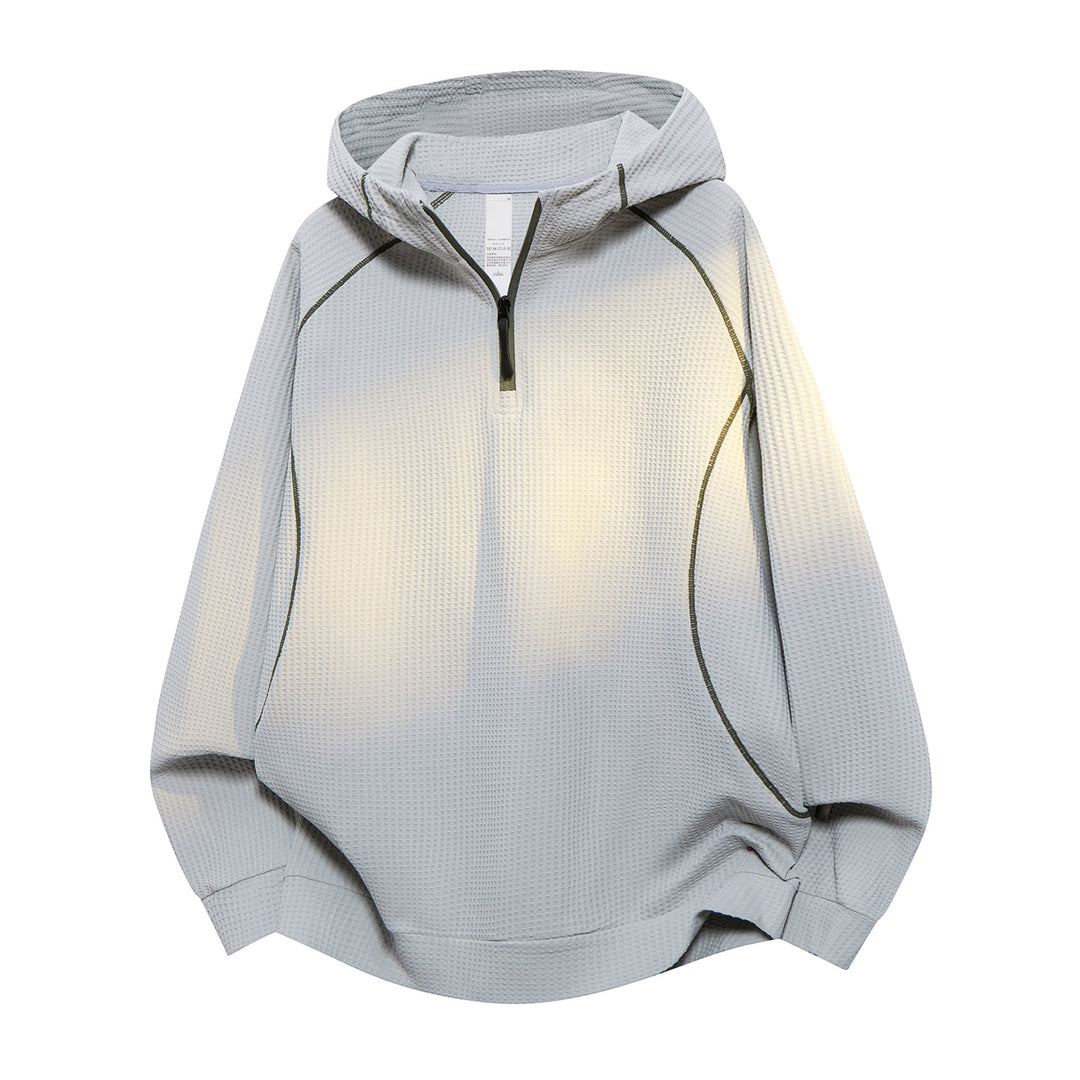 Unisex Oversize Waffelstruktur-Halbzip-Hoodie mit Raglanärmeln und Kontrastpaspeln Nord Taschen