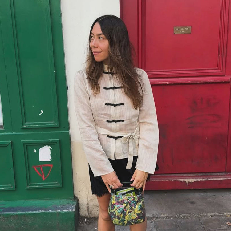 Damen Chinesisch-inspirierte Cordjacke mit Stehkragen, Froschverschlüssen & Taillengürtel Nord Taschen