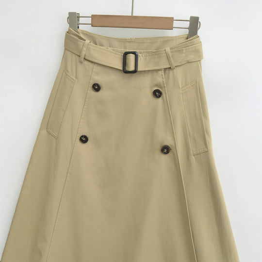 Damen A-Linien Trenchrock mit Taillengürtel und Zierknopfleiste Nord Taschen