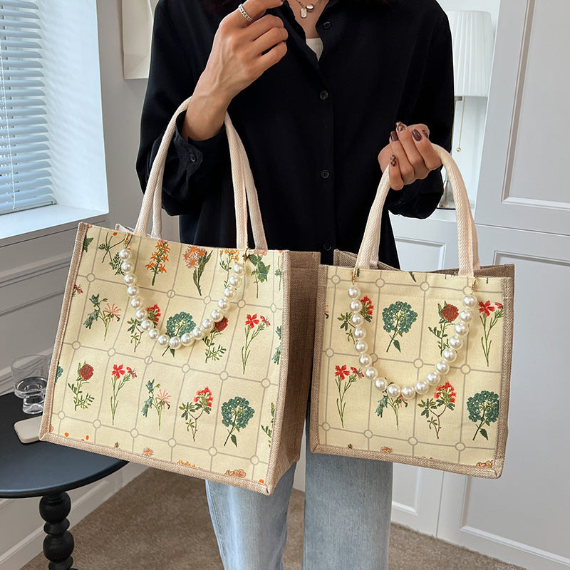 Damen Jute-Shopper Tasche mit floralem Stickmuster und stabilen Griffen Nord Taschen