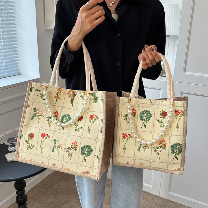 Damen Jute-Shopper Tasche mit floralem Stickmuster und stabilen Griffen Nord Taschen