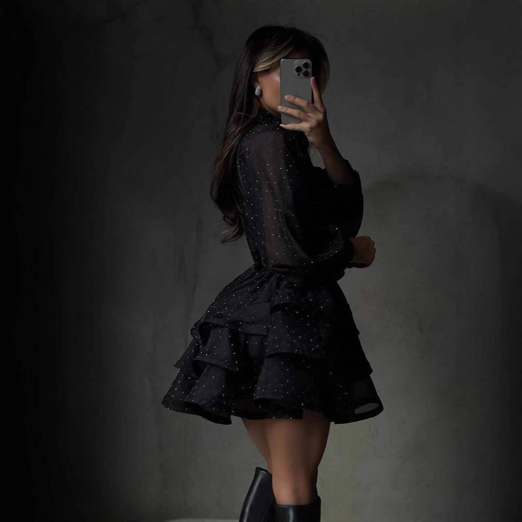 Damen Transparentes Volant-Minikleid mit Hemdblusenkragen, Ballonärmeln und Taillengürtel Nord Taschen