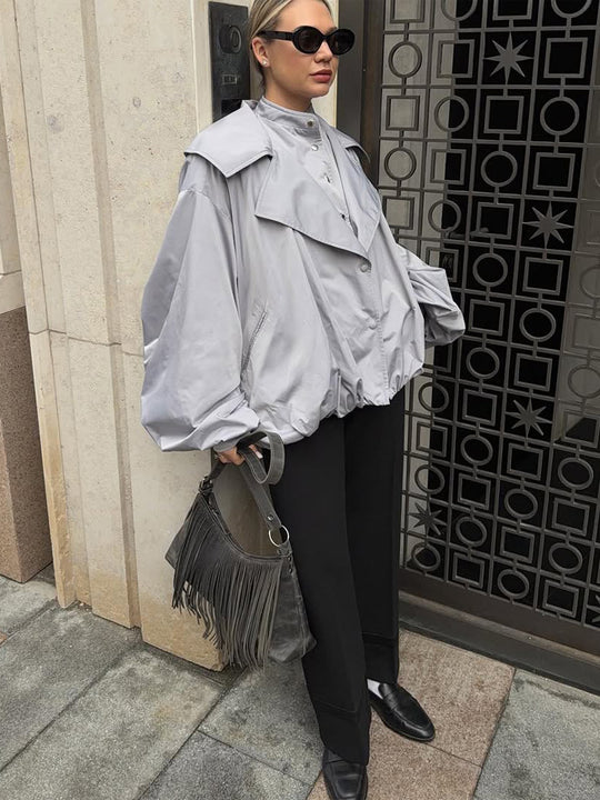 Damen Oversize Kurzjacke mit weitem Volumenärmeln und Tunnelzugsaum Nord Taschen