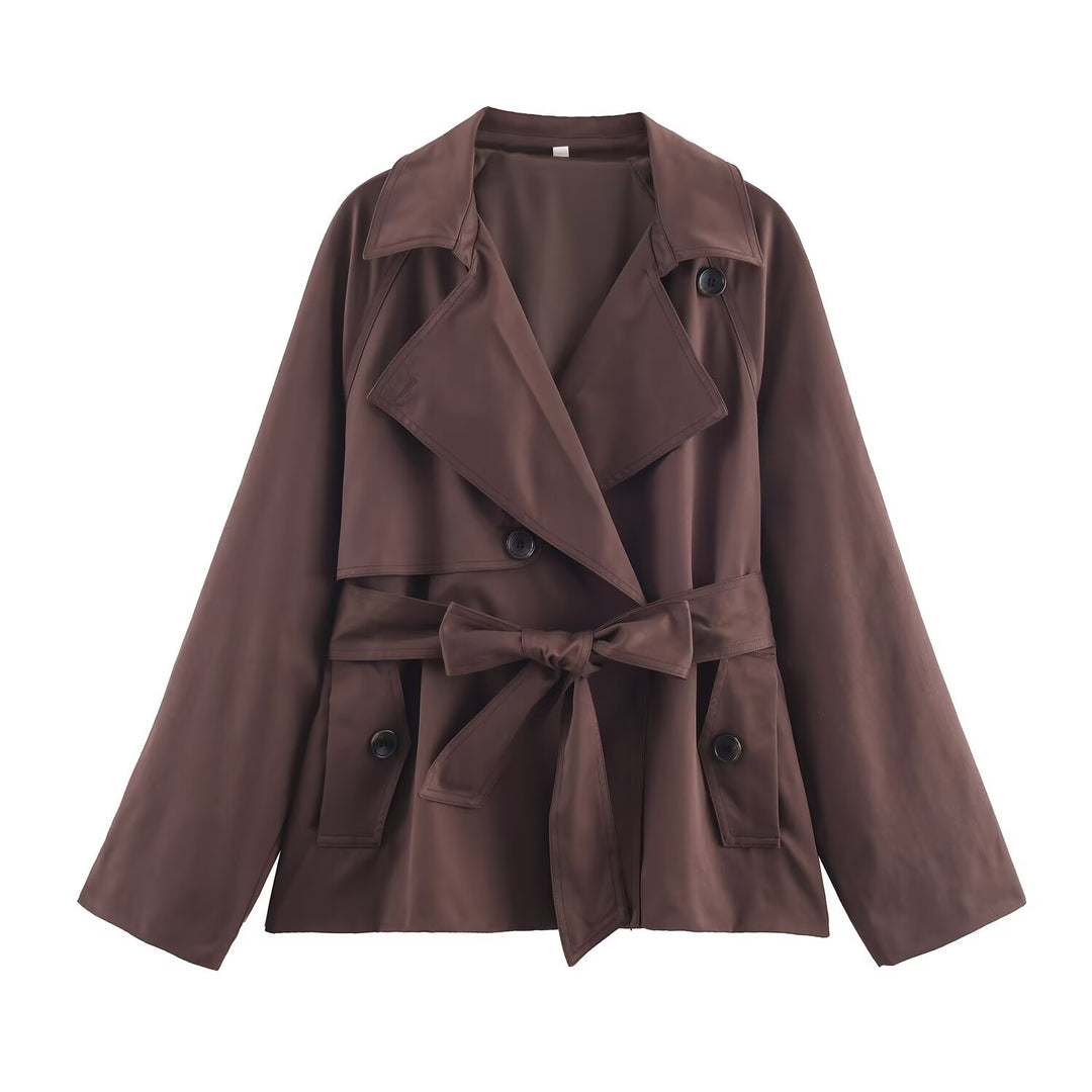 Damen Gekürzte Taillengürtel-Trenchjacke mit breitem Revers und Pattentaschen Nord Taschen