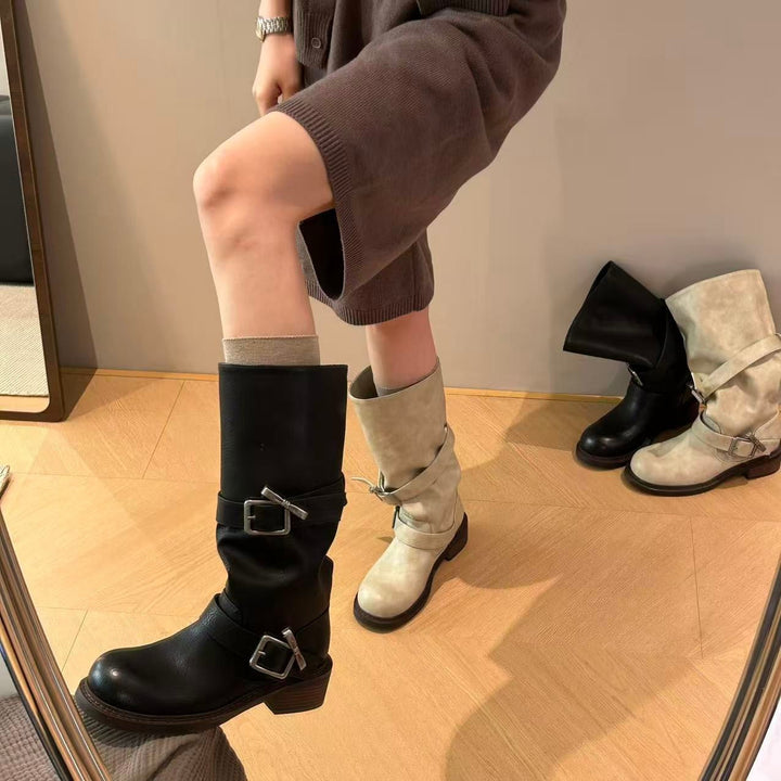 Damen modische Stiefel mit verstellbaren Riemen und komfortablem Blockabsatz