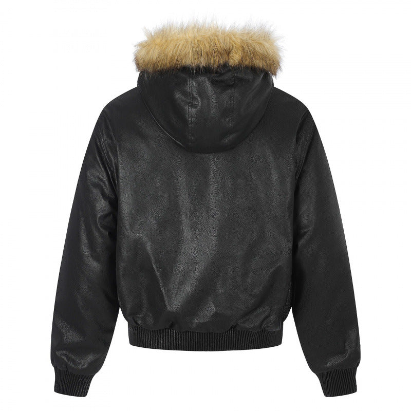 Damen Kapuzenjacke im Lederoptik mit Nietenbesatz, Kunstfellkragen und geripptem Saum Nord Taschen