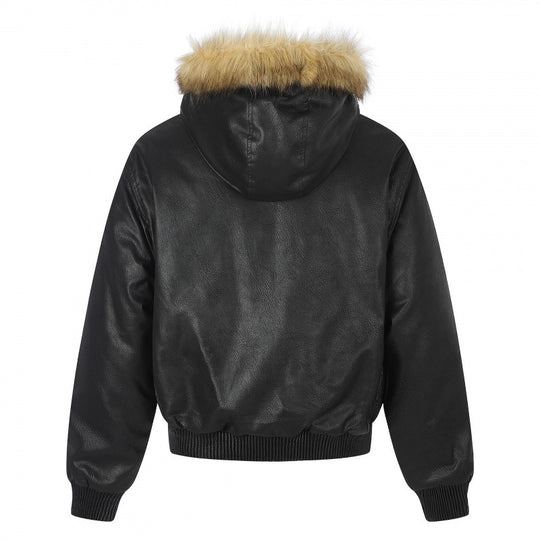 Damen Kapuzenjacke im Lederoptik mit Nietenbesatz, Kunstfellkragen und geripptem Saum Nord Taschen