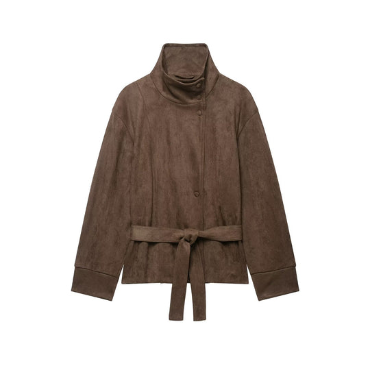 Damen Kurze Velourslederjacke mit hohem Stehkragen und Bindegürtel Nord Taschen