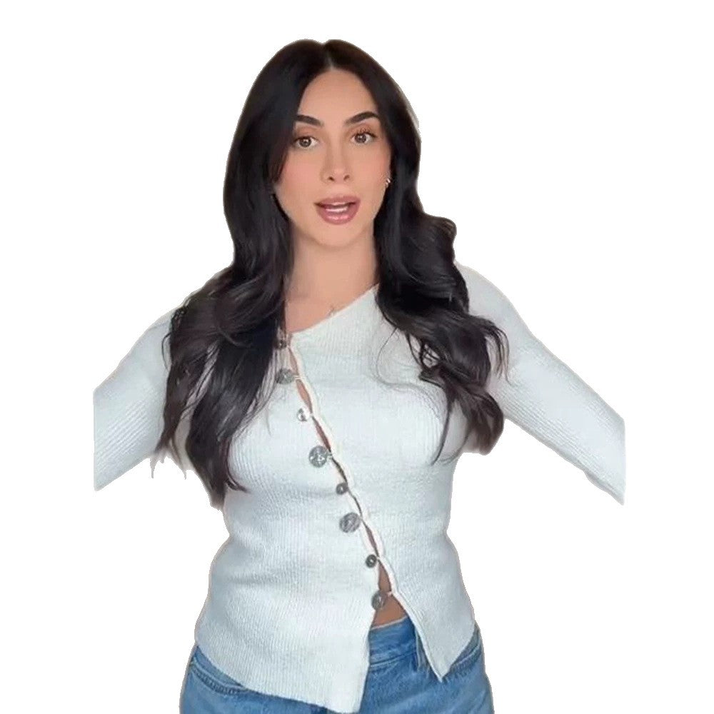 Damen Asymmetrischer Feinstrick-Cardigan mit Schmuckknopf-Leiste Nord Taschen