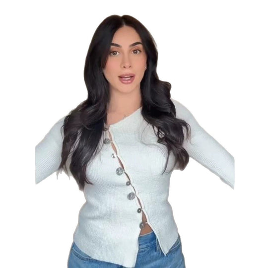 Damen Asymmetrischer Feinstrick-Cardigan mit Schmuckknopf-Leiste Nord Taschen