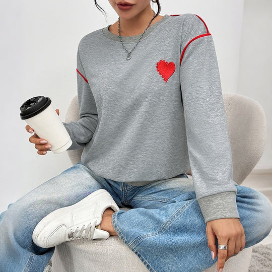 Damen Oversize-Sweatshirt mit Stickherz, Kontrastpaspeln und geripptem Saum Nord Taschen