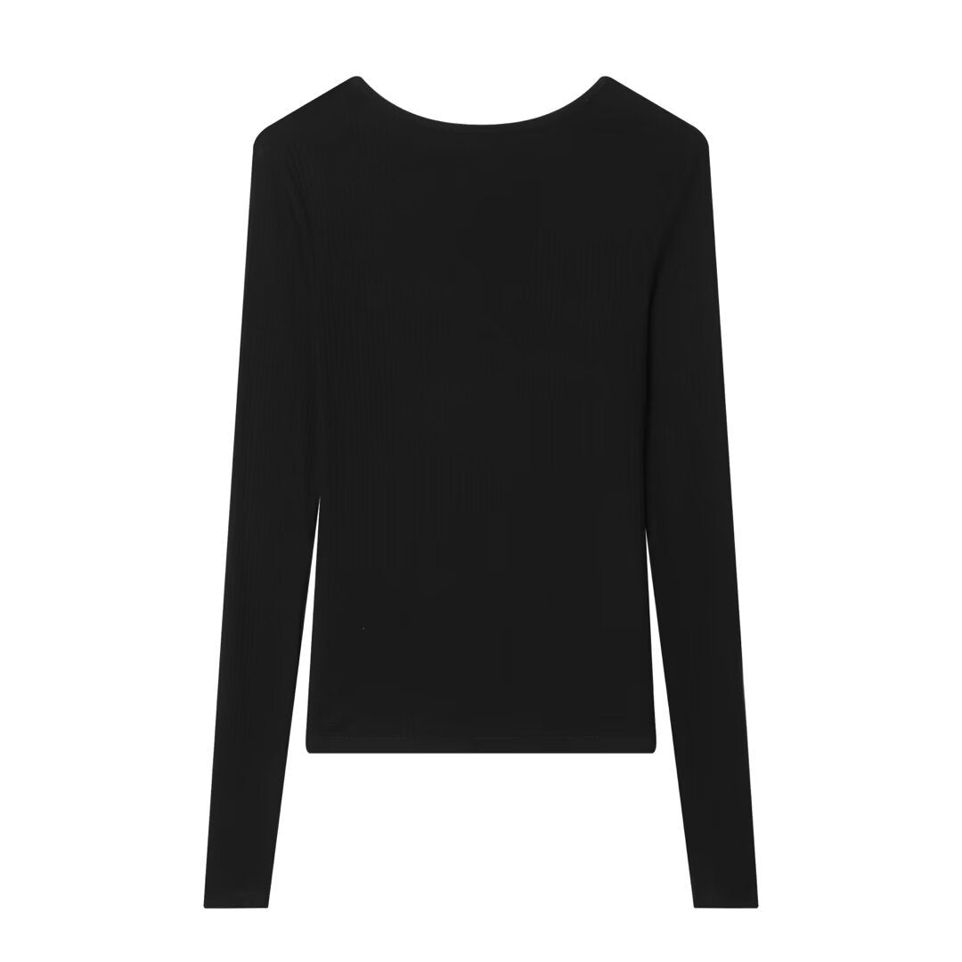 Damen Feines Rippstruktur-Longsleeve mit tiefem V‑Ausschnitt, breiter Spitzenblende und Zierband Nord Taschen