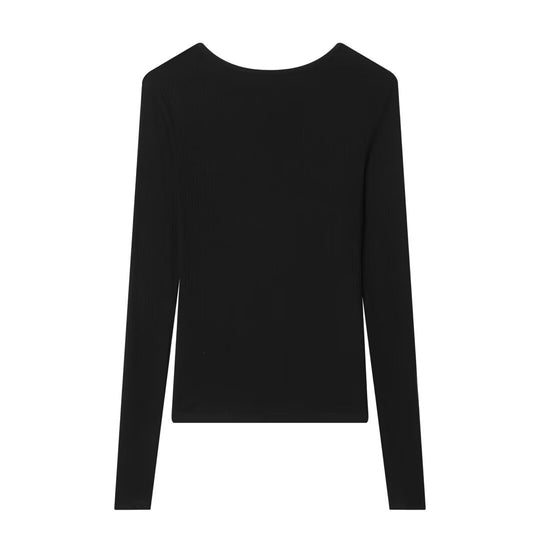 Damen Feines Rippstruktur-Longsleeve mit tiefem V‑Ausschnitt, breiter Spitzenblende und Zierband Nord Taschen