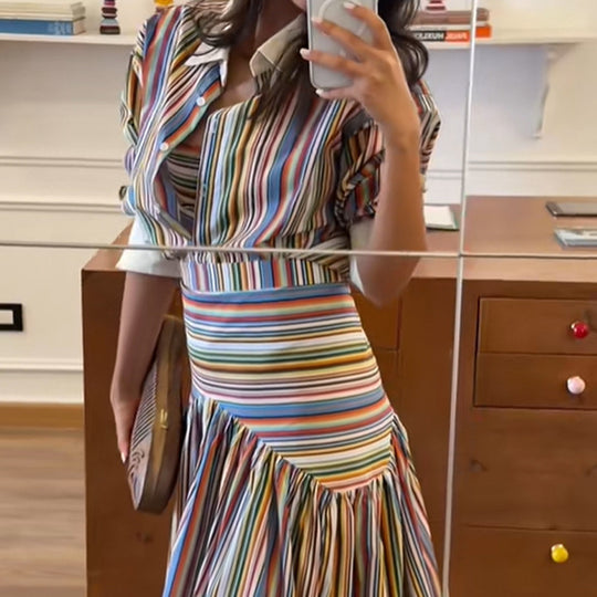 Damen Maxikleid mit Hemdkragen, tailliertem Bund & mehrlagigem Stufenrock Nord Taschen