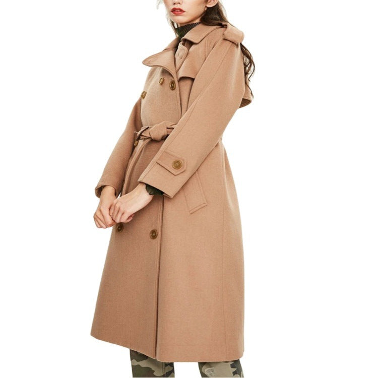 Damen Midilanger Doppelreihiger Wollmix‑Trenchcoat mit Epauletten und Taillengürtel Nord Taschen