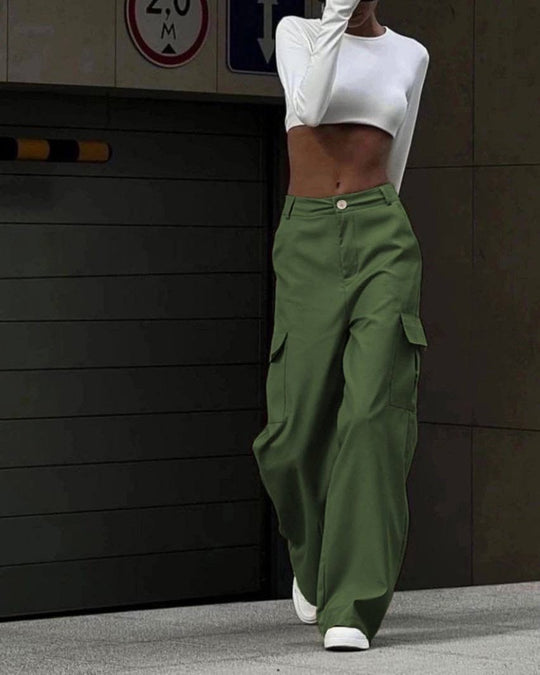 Damen Weite High-Waist Cargo-Hose mit Oversized-Silhouette und Klappentaschen Nord Taschen