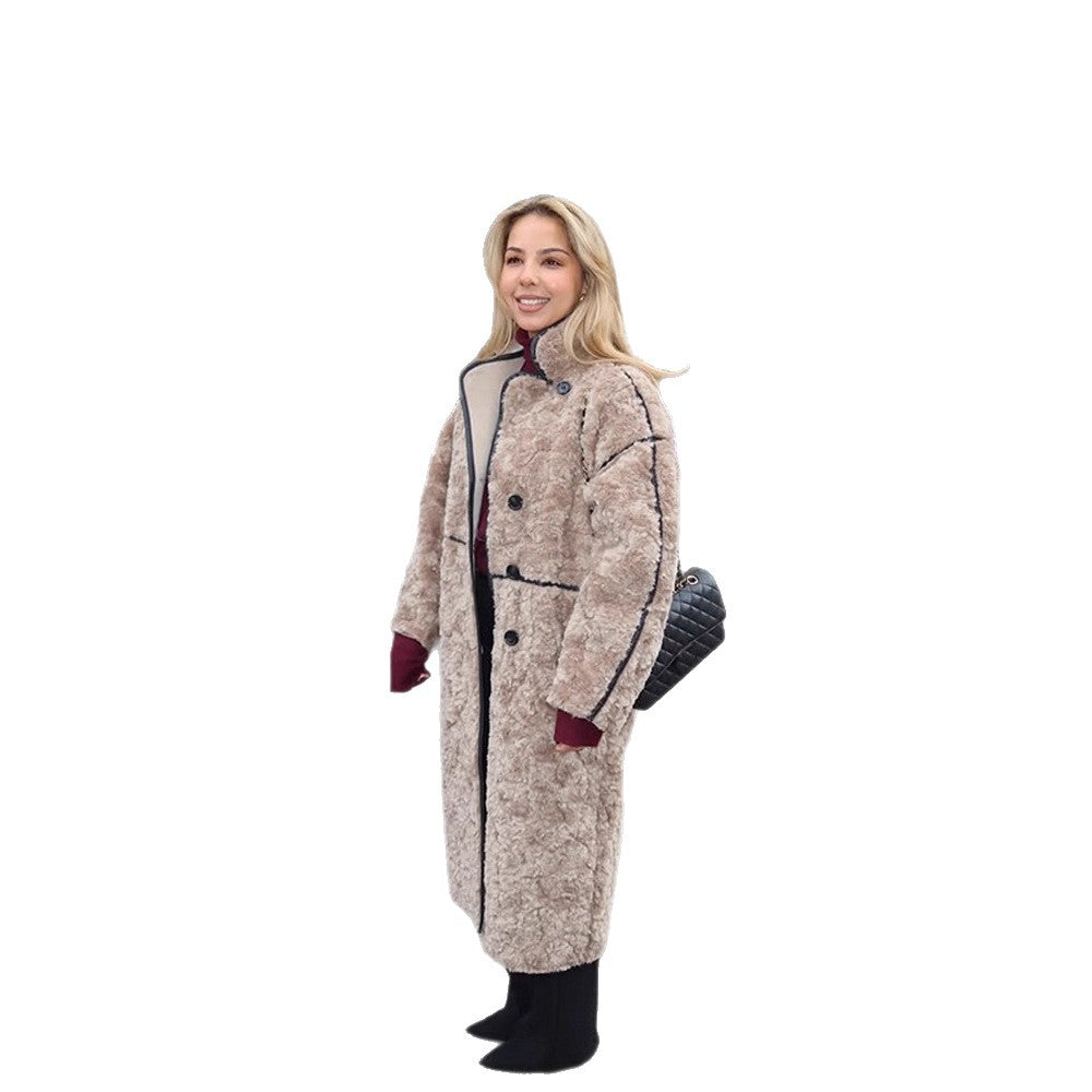 Damen Langer Teddy‑Mantel mit Kontrastnähten, Stehkragen und Knopfleiste Nord Taschen