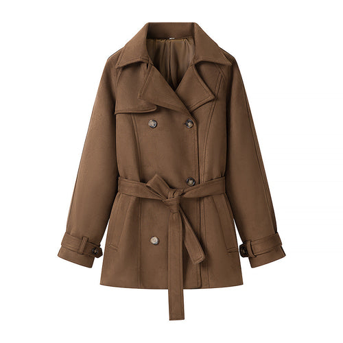 Damen Kurz-Trenchcoat in Wolloptik Doppelreiher mit Taillengürtel Nord Taschen