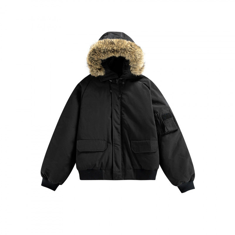 Unisex Wattierte Bomberjacke mit Kunstfellkapuze, geripptem Saum und Utility-Taschen Nord Taschen