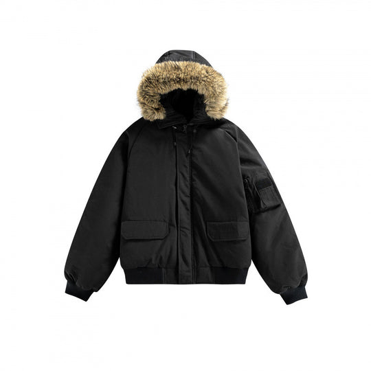 Unisex Wattierte Bomberjacke mit Kunstfellkapuze, geripptem Saum und Utility-Taschen Nord Taschen
