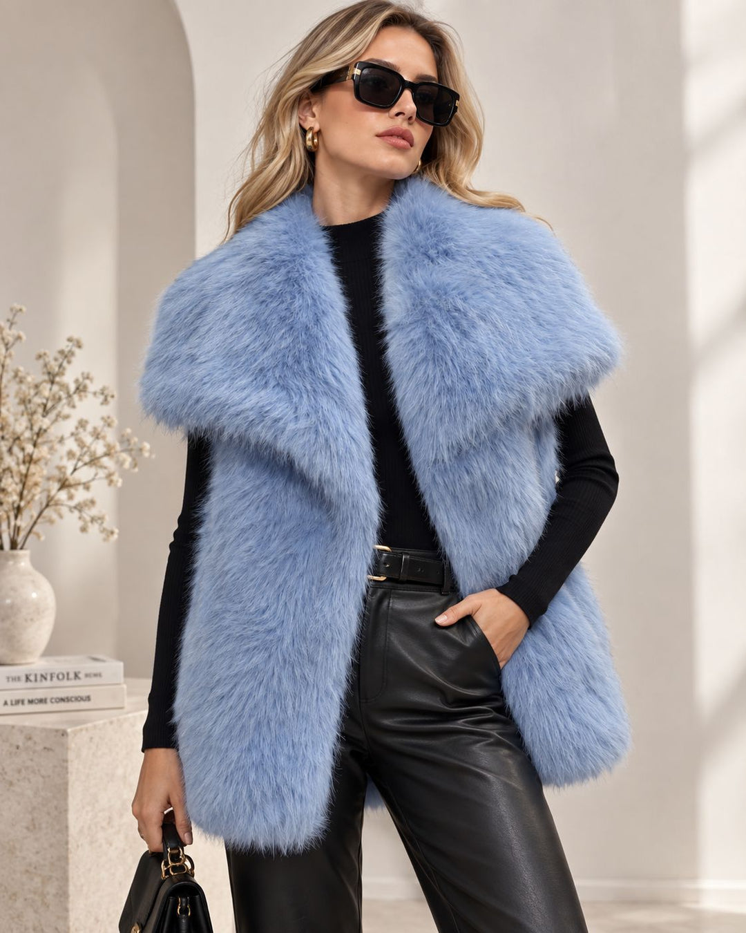 Damen Ärmellose Hochflor‑Kunstfellweste mit voluminösem Schalkragen und Eingrifftaschen Nord Taschen