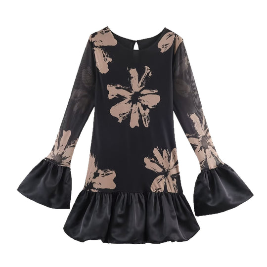 Damen Kurzes A-Linien-Kleid mit Blumenprint, transparenten Trompetenärmeln und Satinvolant Nord Taschen
