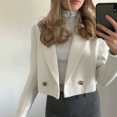 Damen Kurzgeschnittener Bouclé-Tweed-Blazer mit kastiger Silhouette und goldenen Zierknöpfen Nord Taschen
