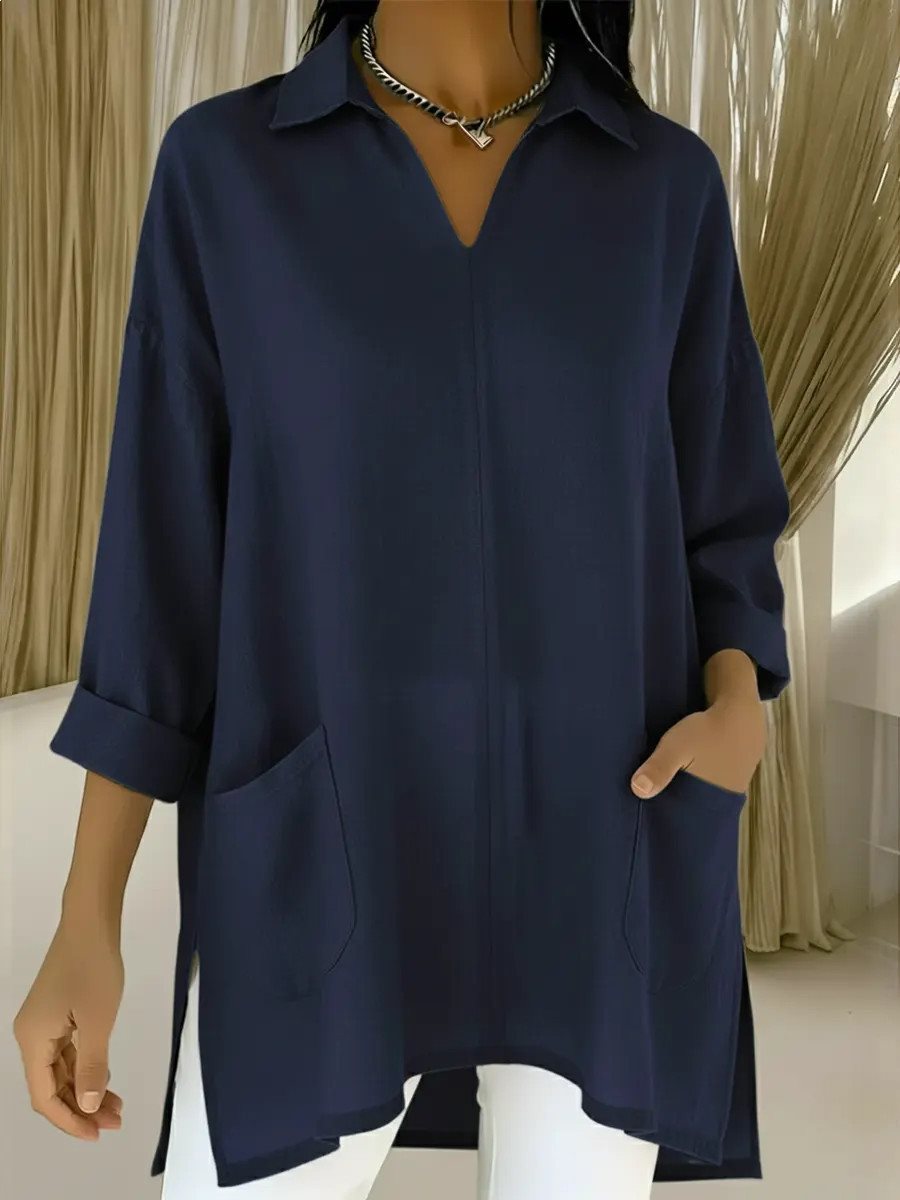 Damen Oversize-Tunika mit Hemdkragen, V-Ausschnitt und aufgesetzten Taschen Nord Taschen