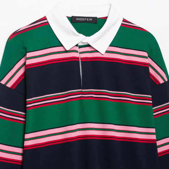 Damen Oversize Rugby-Poloshirt mit weißem Kentkragen und breiten Querstreifen Nord Taschen