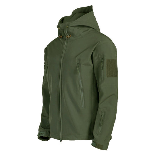 Herren taktische Softshell‑Fieldjacke mit Kapuze, Multifunktionstaschen und Klettpatchfläche Nord Taschen
