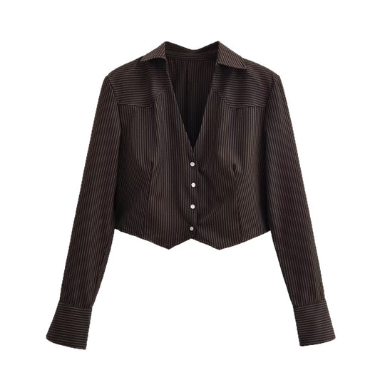 Damen Kurzbluse im Nadelstreifen-Look mit taillierter Schnittführung und spitzem Saum Nord Taschen