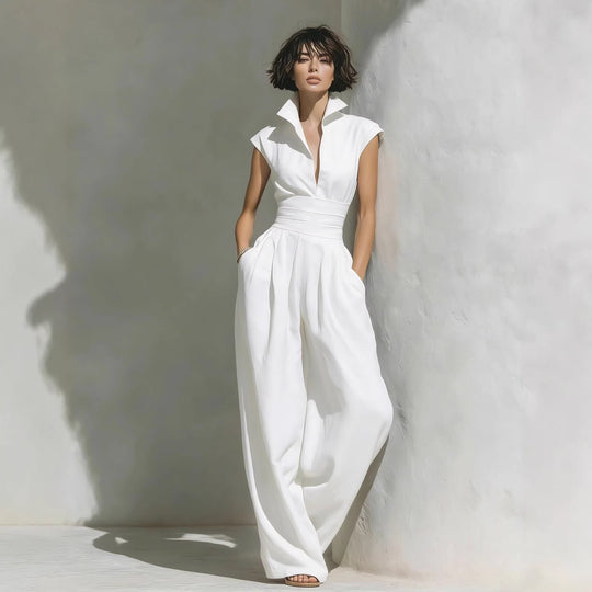 Damen Jumpsuit mit weitem Bein, tailliertem Wickelbund und Stehkragen Nord Taschen