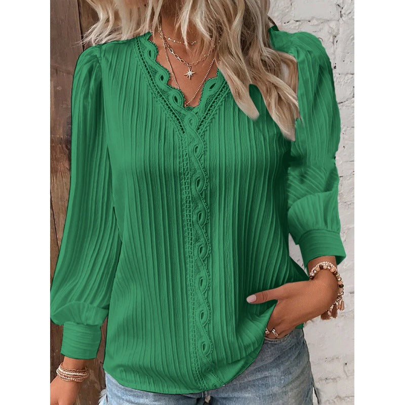 Damen Plissierte V‑Ausschnitt Bluse mit Spitzenbesatz und Ballonärmeln Nord Taschen