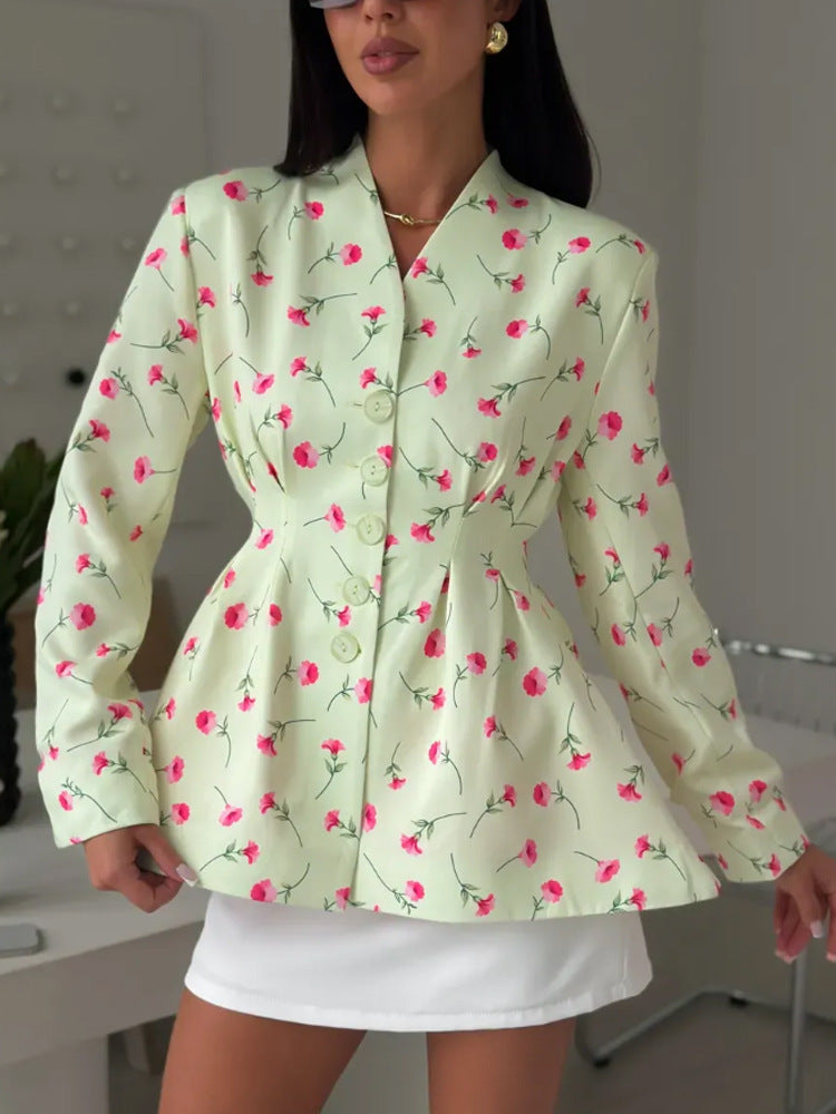 Damen Taillierter Blazer mit Schößchen, dekorativen Knöpfen und floralem Muster Nord Taschen