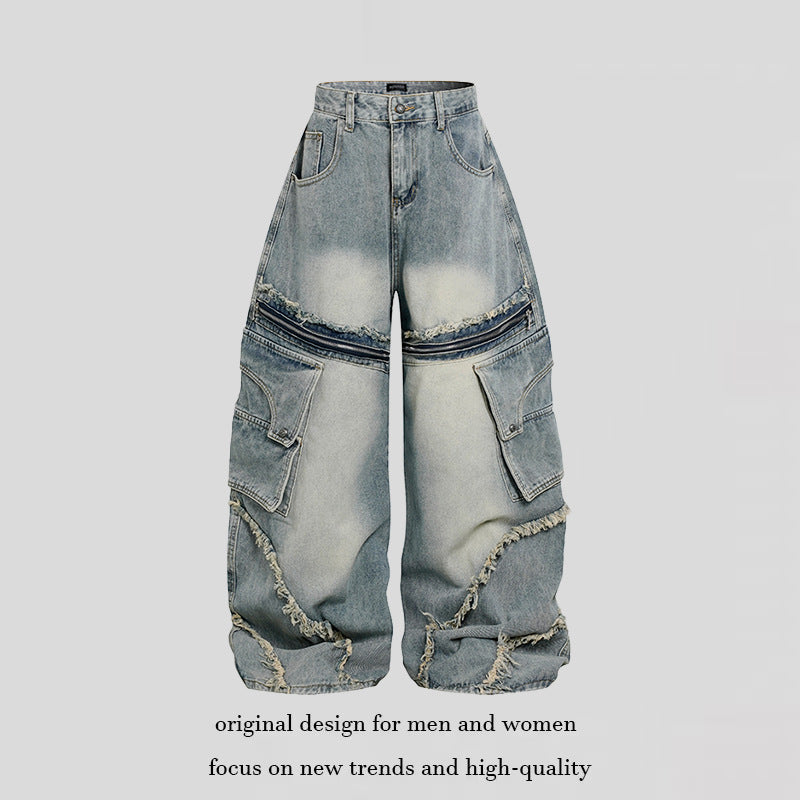 Damen Weite High‑Waist Cargo-Jeans im Baggy-Look mit Distressed-Details und Reißverschluss-Paneel Nord Taschen