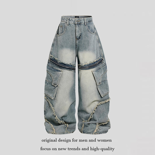 Damen Weite High‑Waist Cargo-Jeans im Baggy-Look mit Distressed-Details und Reißverschluss-Paneel Nord Taschen
