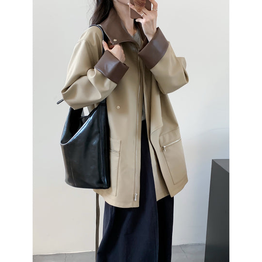 Damen Oversized Trenchcoat mit kontrastierenden Lederbesätzen und Reißverschluss Nord Taschen