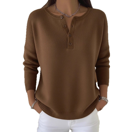 Damen Bequemer und eleganter Strickpullover mit Knopfleiste Nord Taschen