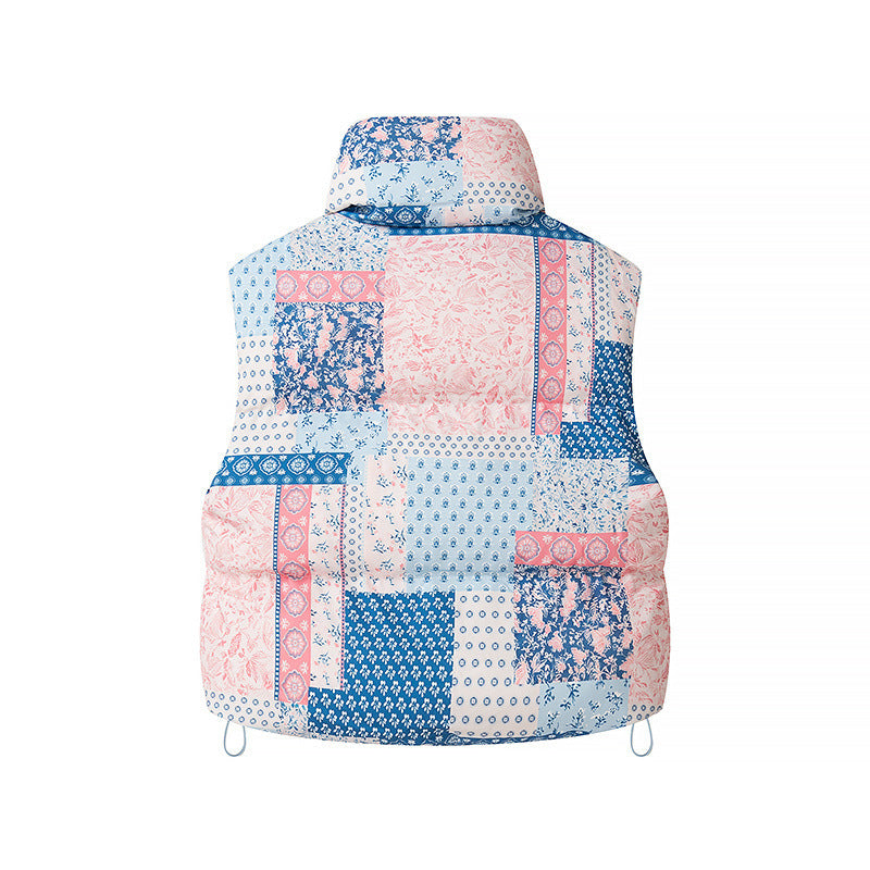 Damen Gesteppte Kurzweste mit Stehkragen, Patchwork-Bandana‑Print und Kordelzug Nord Taschen