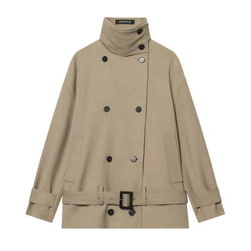 Damen Kurztrench mit hohem Stehkragen, doppelreihiger Knopfleiste und Taillengürtel Nord Taschen