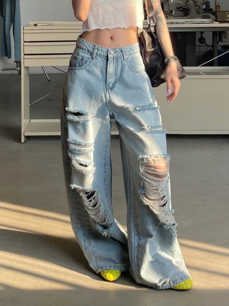 Damen Destroyed Wide-Leg Jeanshose mit trendigen Rissen Nord Taschen