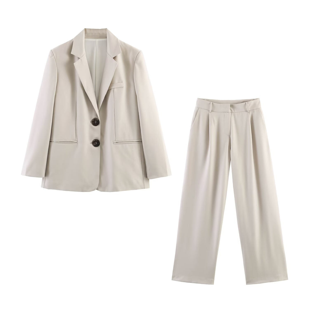 Damen Zweiteiliges Business-Anzug-Set mit kastigem Zweiknopf-Blazer und weiter hochgeschnittener Hose Nord Taschen