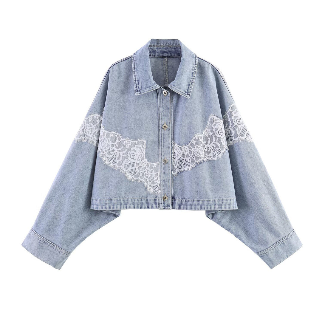 Damen Kurz geschnittene Jeansjacke mit Spitzenapplikation und Oversize-Kimonärmeln Nord Taschen