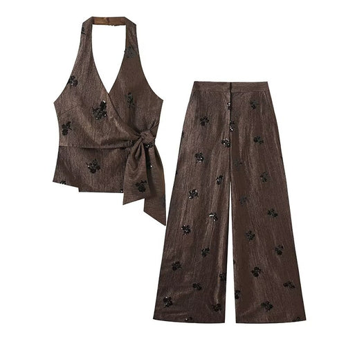 Damen Hochtaillierte Wide‑Leg‑Hose mit Glanzstruktur und Paillettenblüten Nord Taschen