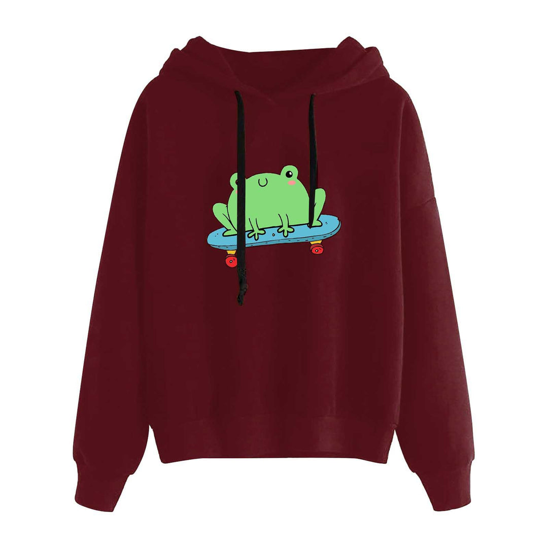 Damen nan kurz geschnittener Cropped-Kapuzenpullover mit niedlicher Frosch-Illustration und verstellbarer Kapuze Nord Taschen
