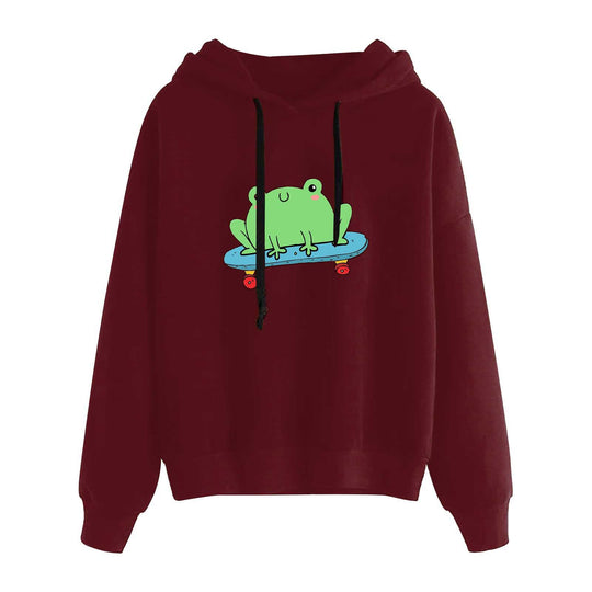 Damen nan kurz geschnittener Cropped-Kapuzenpullover mit niedlicher Frosch-Illustration und verstellbarer Kapuze Nord Taschen