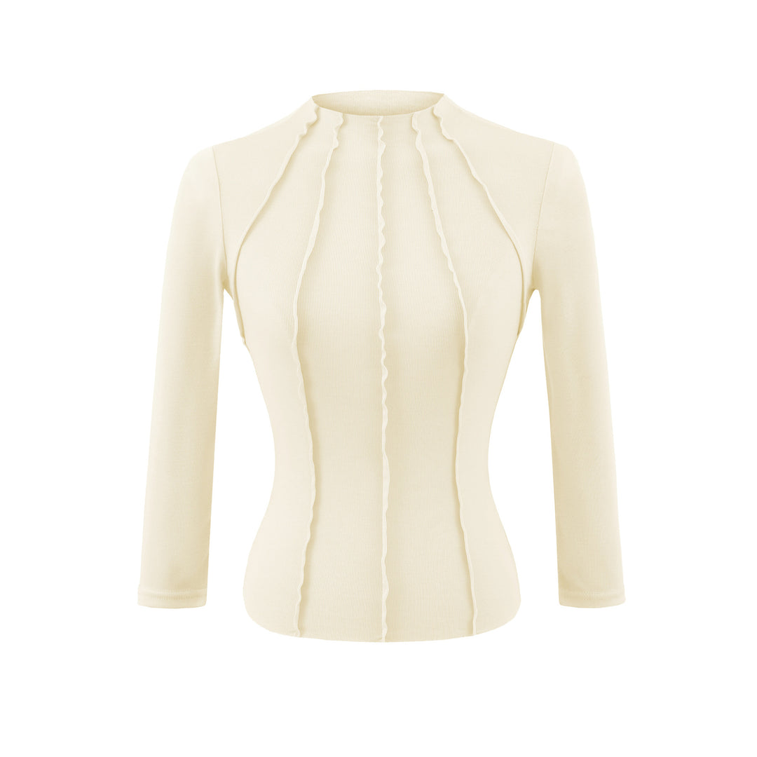 Damen Figurbetontes Langarmshirt mit Stehkragen und Zier-Volants Nord Taschen