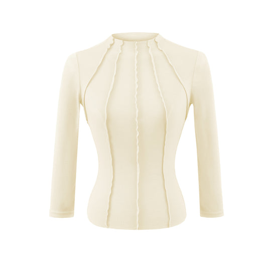 Damen Figurbetontes Langarmshirt mit Stehkragen und Zier-Volants Nord Taschen