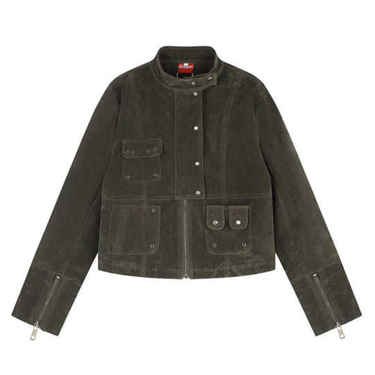Damen kurze Wildleder-Utilityjacke mit Stehkragen, Mehrfachtaschen und Reißverschluss Nord Taschen
